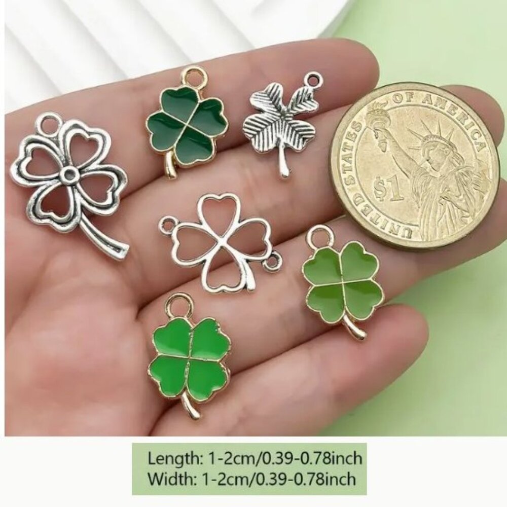 42 Clover Charms Set - Antique Silvery & Enamel Green, Zinc Alloy Charms.